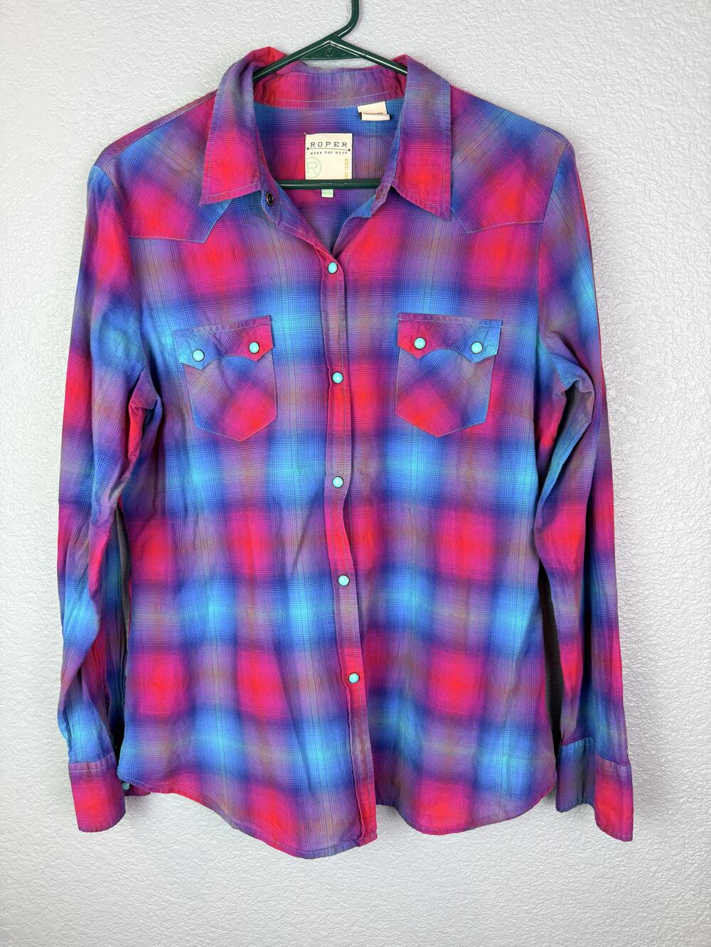 Roper Shirt Womens Large Multicolor Plaid Pearl Snap Western Top Long Sleeve